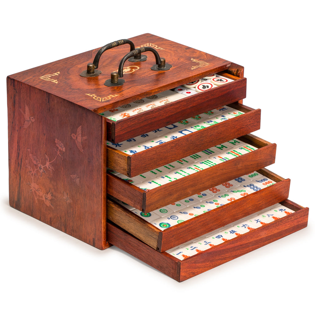 Traditional American Mahjong Set, "Sparrows" - Bone & Bamboo Tiles, Rosewood Case, Betting Sticks, Dice, & 4 Wind Tiles-Yellow Mountain Imports-Yellow Mountain Imports