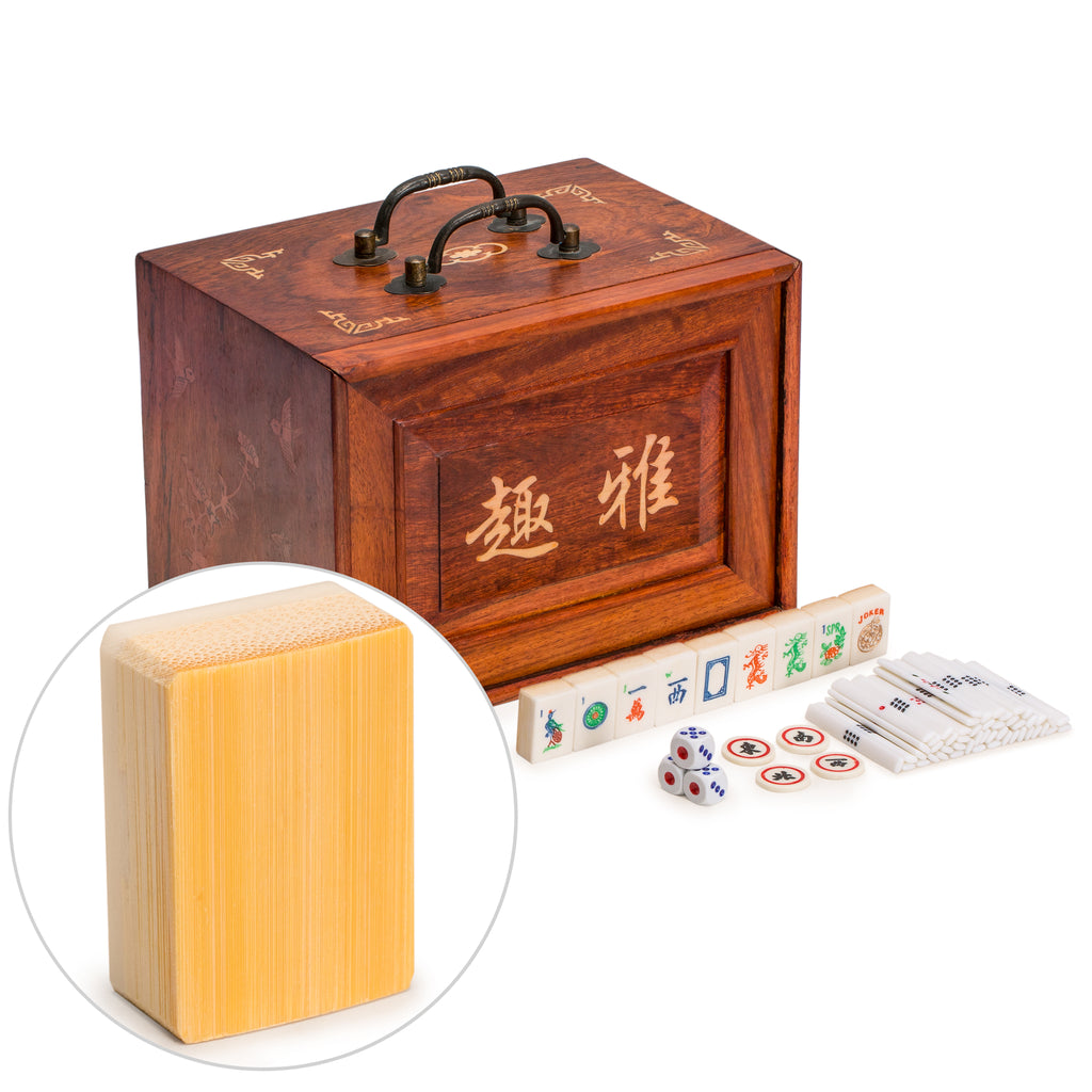 Traditional American Mahjong Set, "Sparrows" - Bone & Bamboo Tiles, Rosewood Case, Betting Sticks, Dice, & 4 Wind Tiles-Yellow Mountain Imports-Yellow Mountain Imports