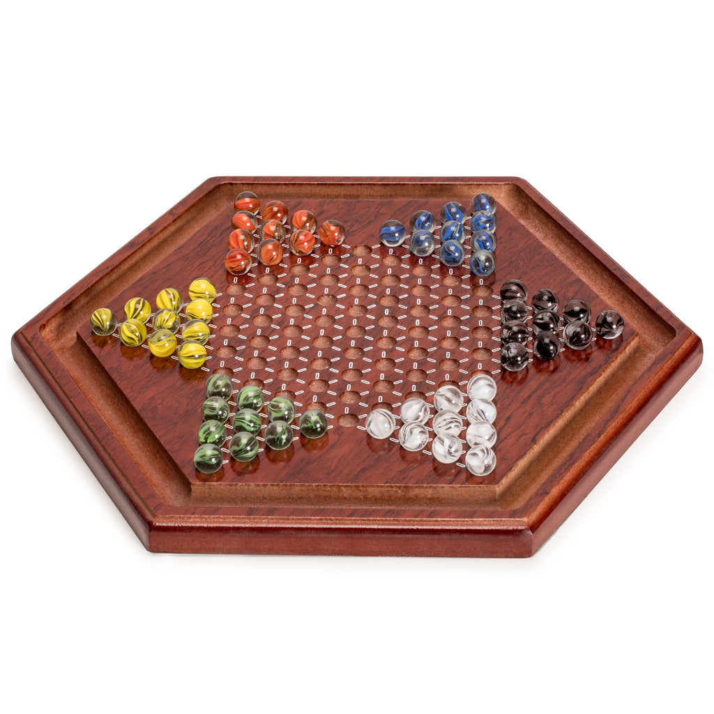 Wooden Chinese Checkers Halma Board Game Set with Colorful Glass Marbles - 13.6"-Yellow Mountain Imports-Yellow Mountain Imports