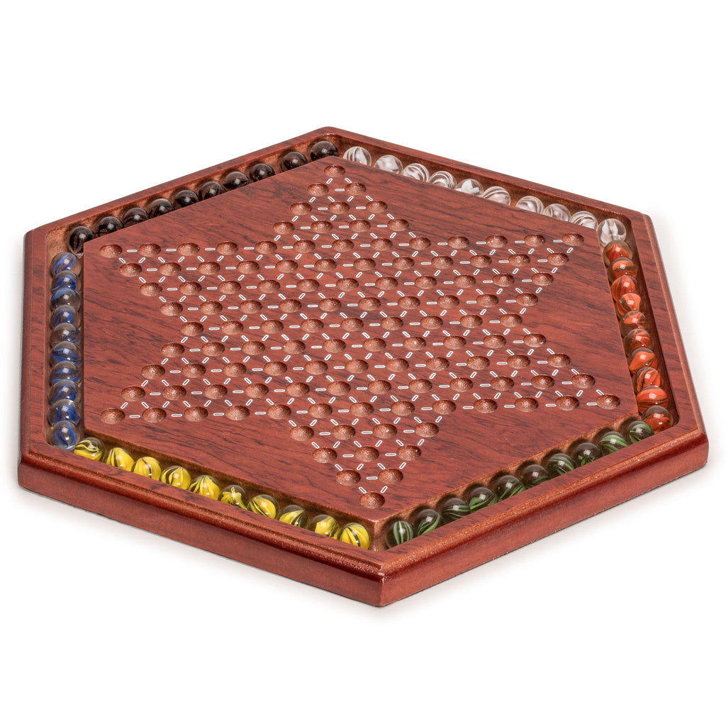 Wooden Chinese Checkers Halma Board Game Set with Colorful Glass Marbles - 13.6"-Yellow Mountain Imports-Yellow Mountain Imports