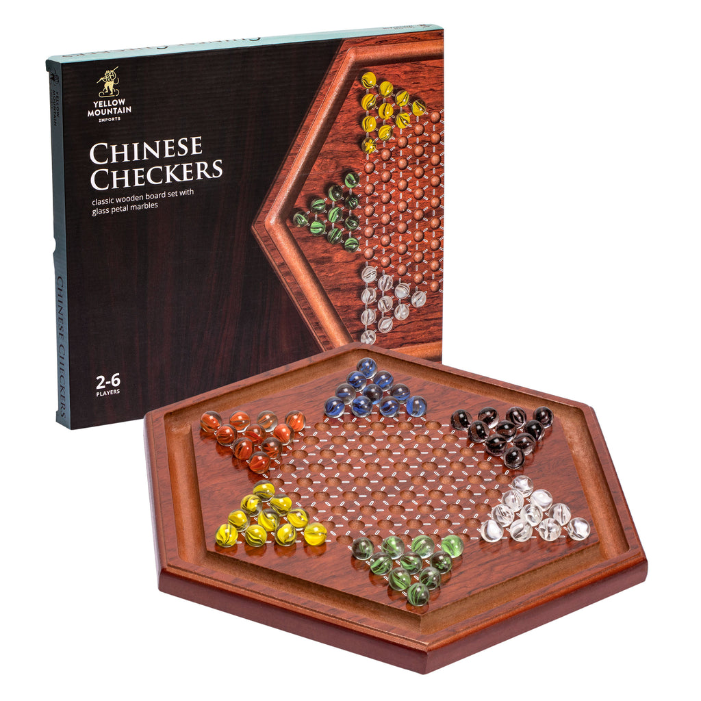 Wooden Chinese Checkers Halma Board Game Set with Colorful Glass Marbles - 13.6"-Yellow Mountain Imports-Yellow Mountain Imports
