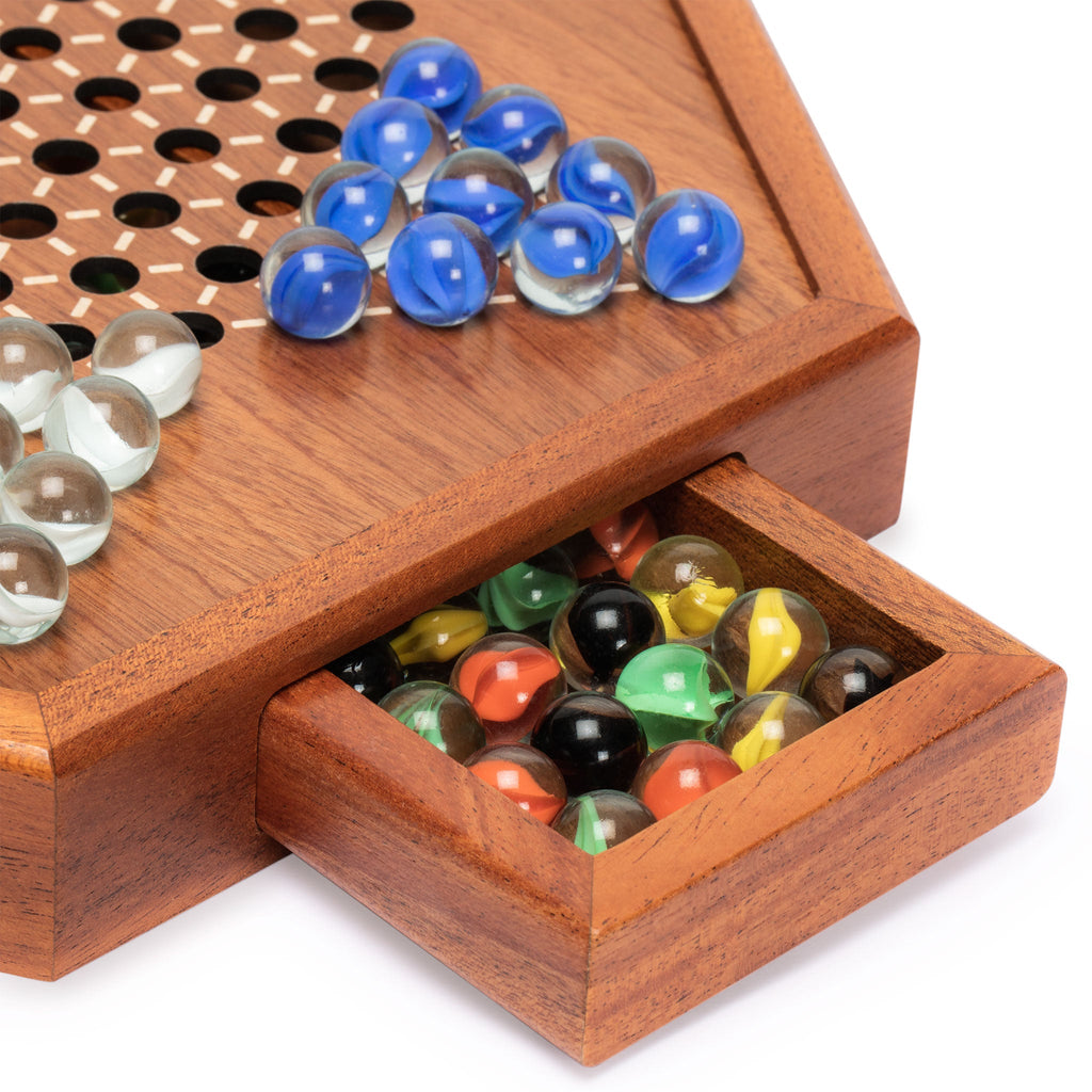Wooden Chinese Checkers Halma Board Game Set with Drawers and Colorful Glass Marbles - 12.7 Inches-Yellow Mountain Imports-Yellow Mountain Imports
