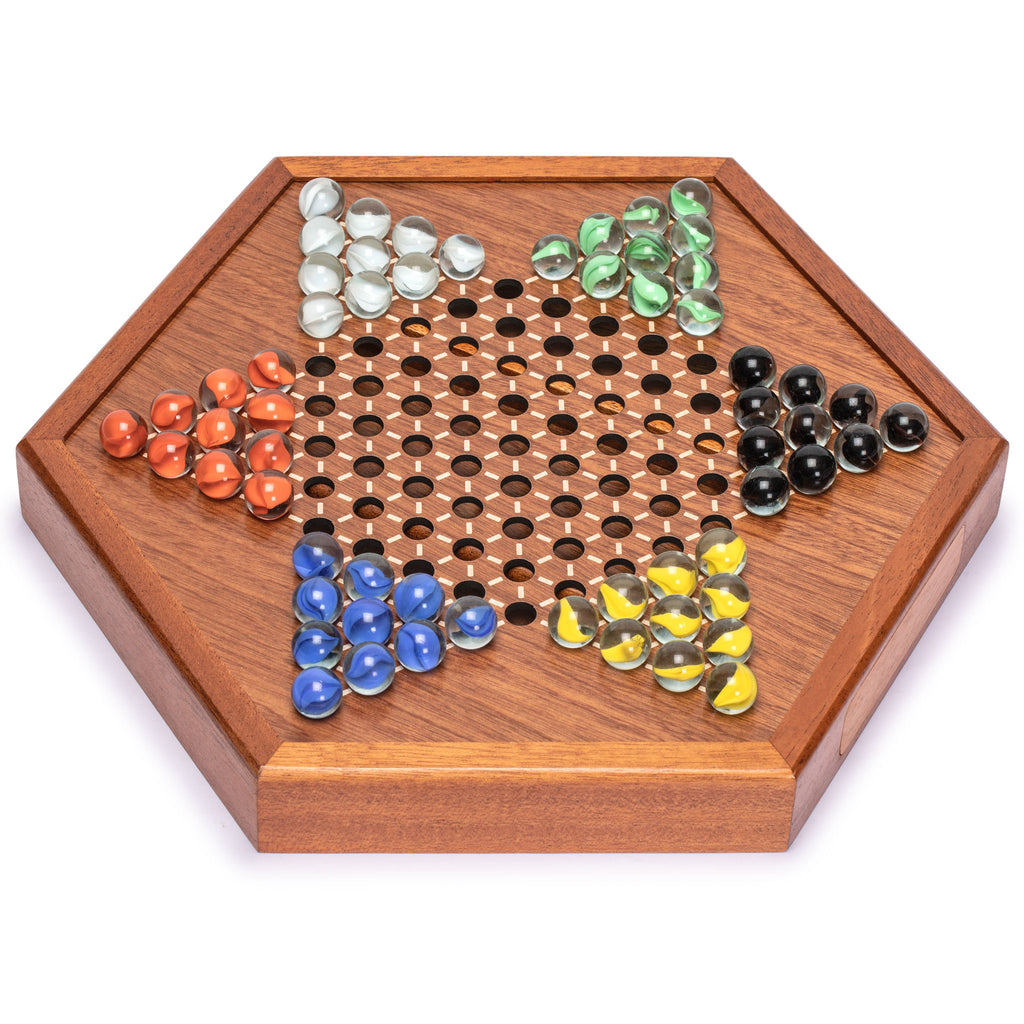 Wooden Chinese Checkers Halma Board Game Set with Drawers and Colorful Glass Marbles - 12.7 Inches-Yellow Mountain Imports-Yellow Mountain Imports