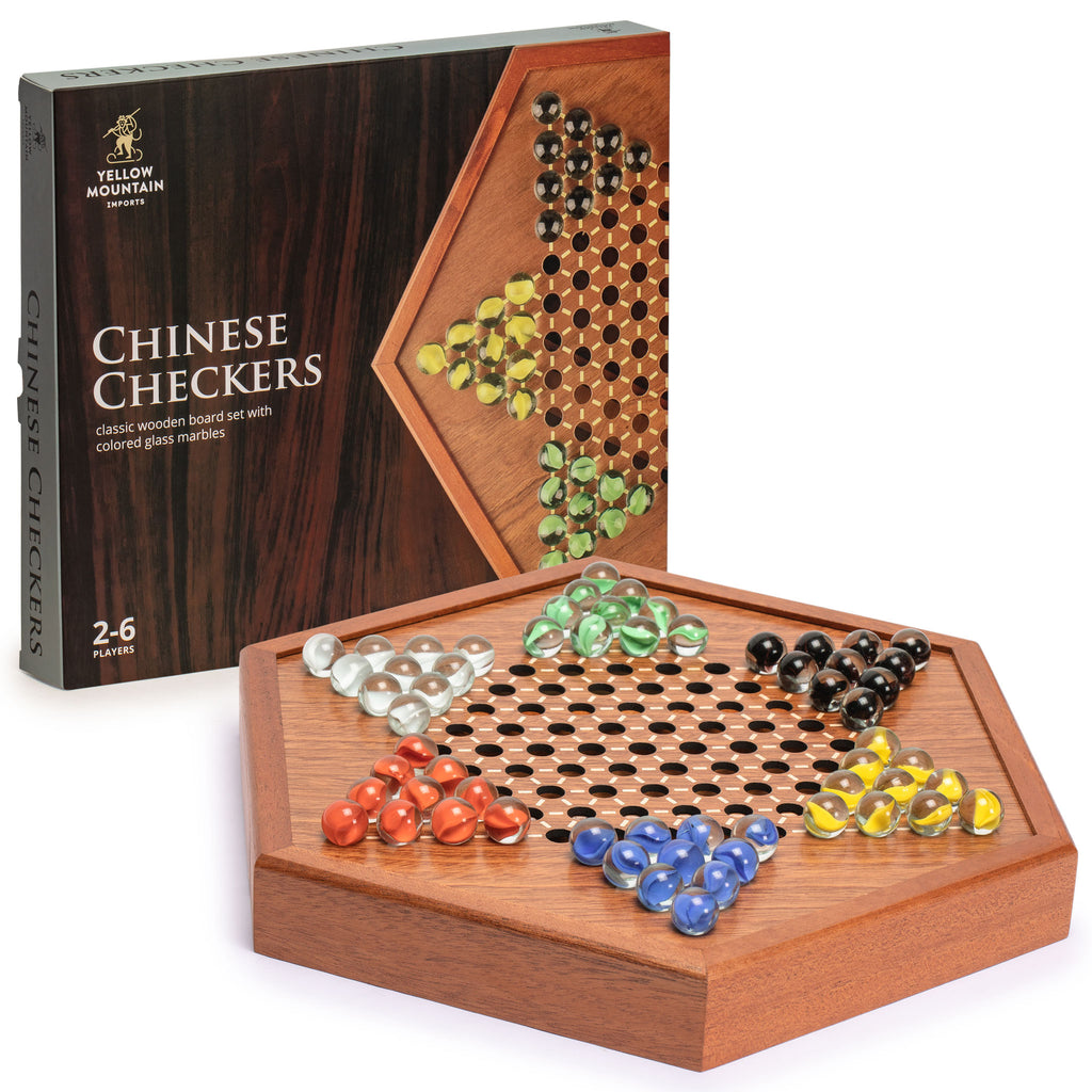 Wooden Chinese Checkers Halma Board Game Set with Drawers and Colorful Glass Marbles - 12.7 Inches-Yellow Mountain Imports-Yellow Mountain Imports