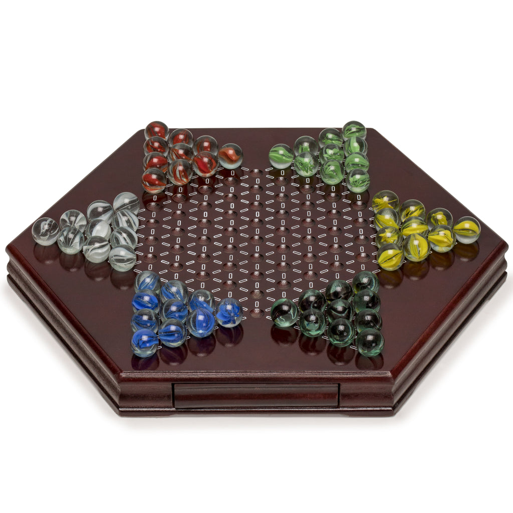 Wooden Chinese Checkers Halma Board Game Set with Storage Drawer and Colorful Glass Marbles - 12 Inches-Yellow Mountain Imports-Yellow Mountain Imports