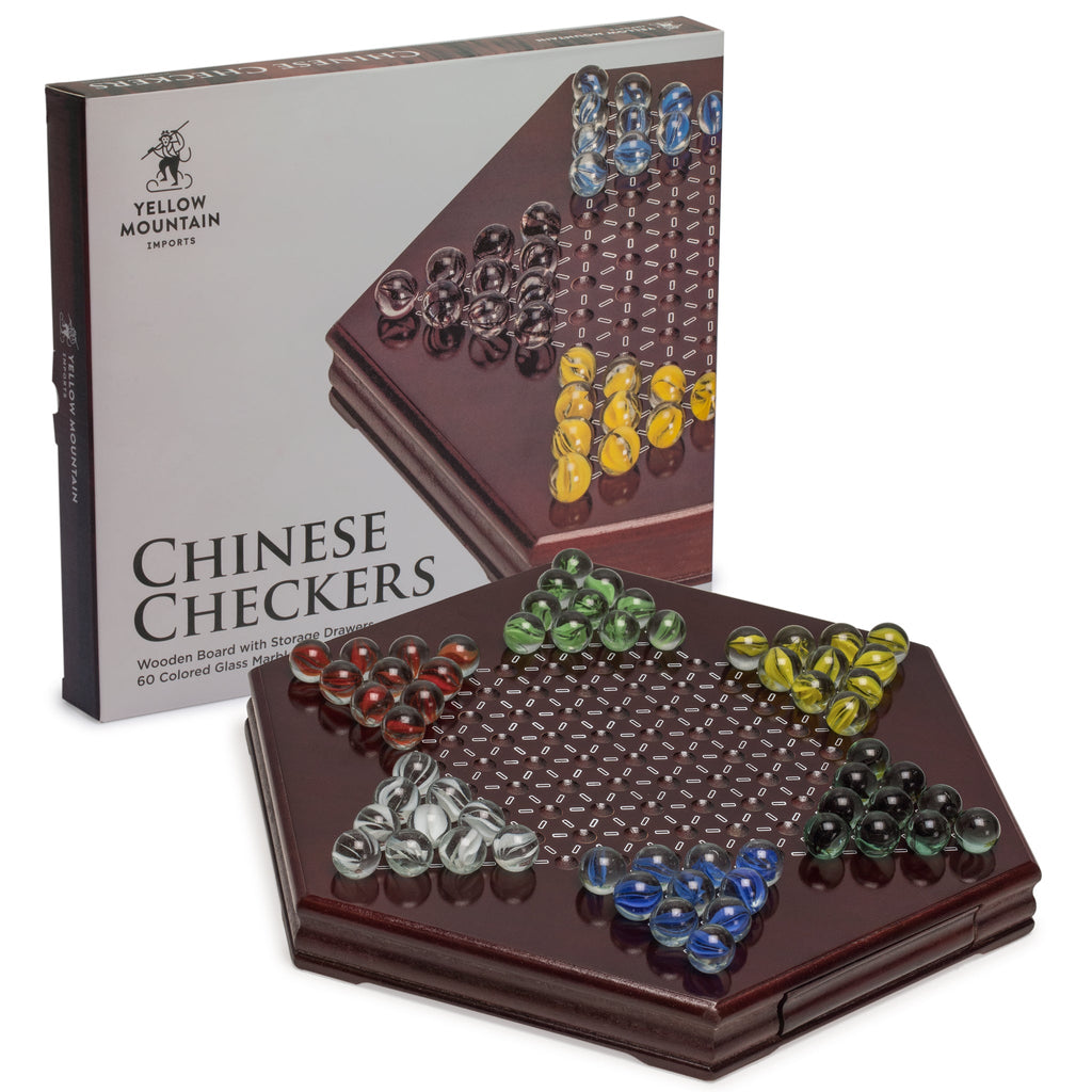 Wooden Chinese Checkers Halma Board Game Set with Storage Drawer and Colorful Glass Marbles - 12 Inches-Yellow Mountain Imports-Yellow Mountain Imports