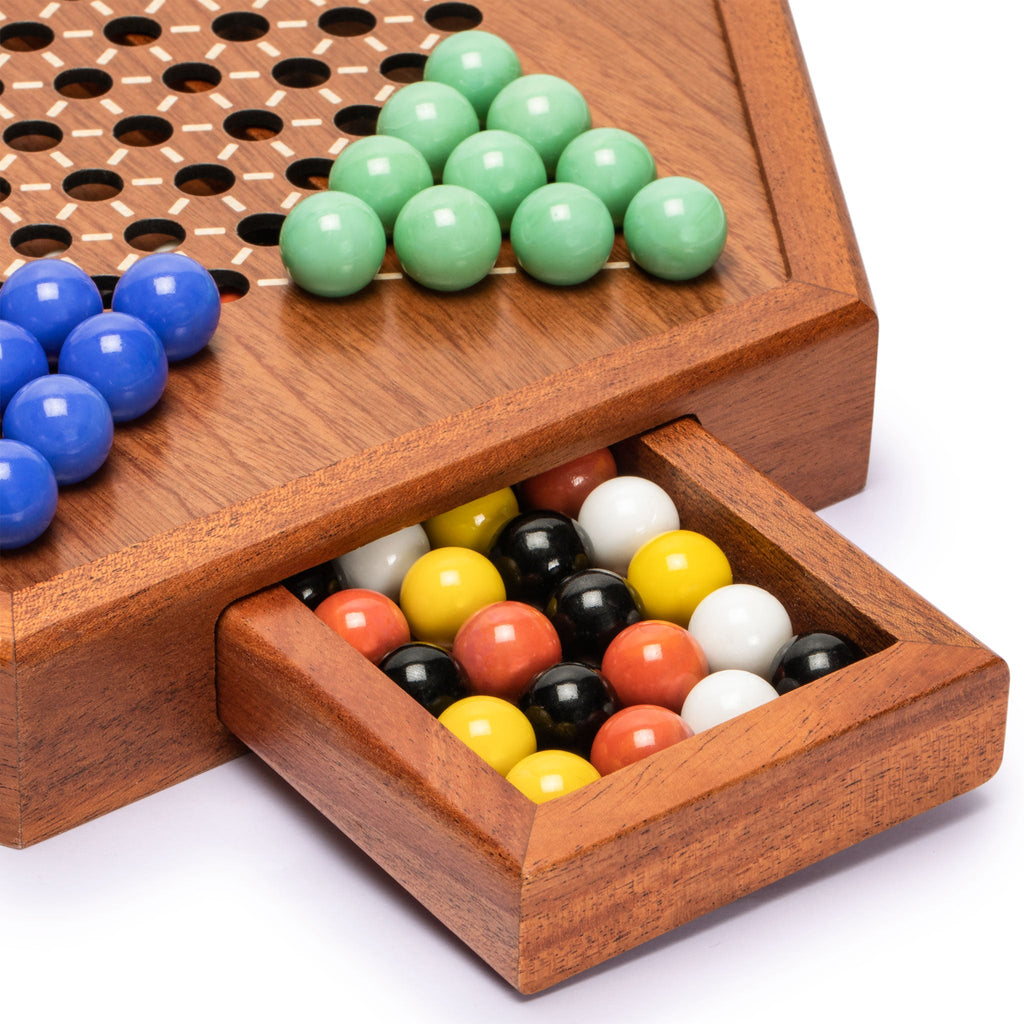 Wooden Chinese Checkers Halma Board Game Set with Storage Drawer and Solid Color Glass Marbles - 12.7"-Yellow Mountain Imports-Yellow Mountain Imports