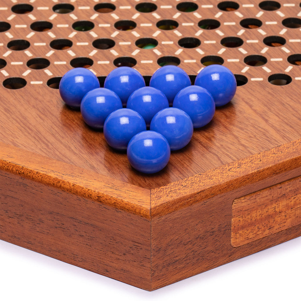 Wooden Chinese Checkers Halma Board Game Set with Storage Drawer and Solid Color Glass Marbles - 12.7"-Yellow Mountain Imports-Yellow Mountain Imports