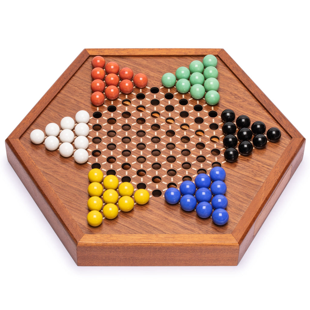 Wooden Chinese Checkers Halma Board Game Set with Storage Drawer and Solid Color Glass Marbles - 12.7"-Yellow Mountain Imports-Yellow Mountain Imports
