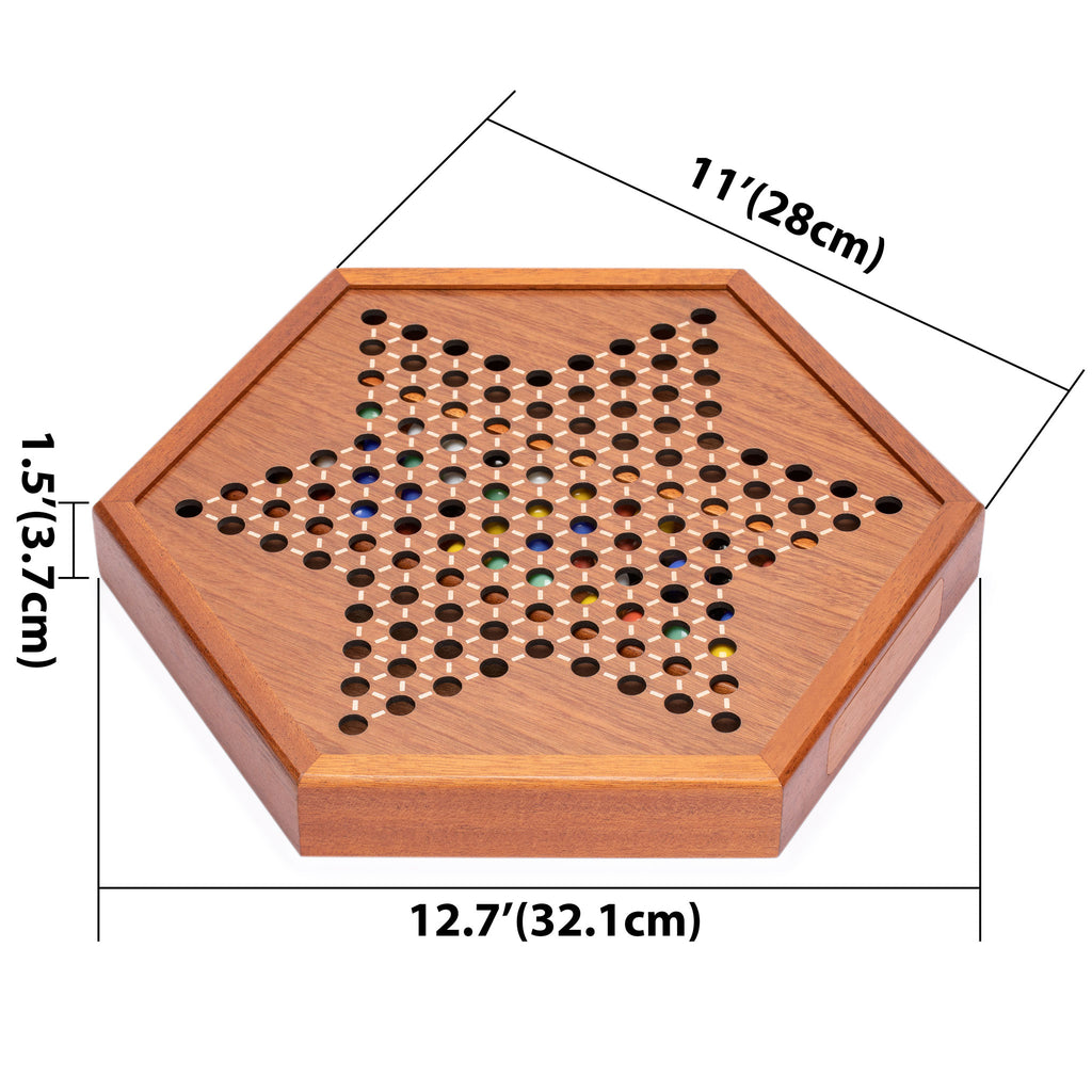 Wooden Chinese Checkers Halma Board Game Set with Storage Drawer and Solid Color Glass Marbles - 12.7"-Yellow Mountain Imports-Yellow Mountain Imports