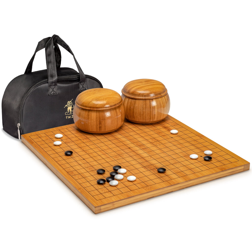 Bamboo 0.8-Inch Reversible 19x19 / 13x13 Go Game Set Board with Double Convex Korean Hardened Glass Paduk Go Stones and Bamboo Bowls-Yellow Mountain Imports-Yellow Mountain Imports